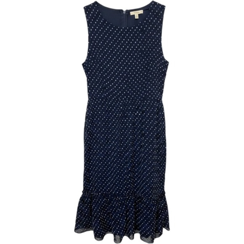 Loft Outlet Navy Blue Clip Dot Sleeveless Ruffle V-Neck Tiered Midi‎ Dress Sz 14
